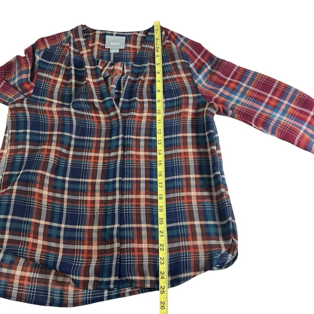 Anthropologie Maeve Sheer Plaid Printed Long Sleeve Blouse V-neck Size Small EUC - Picture 5 of 15